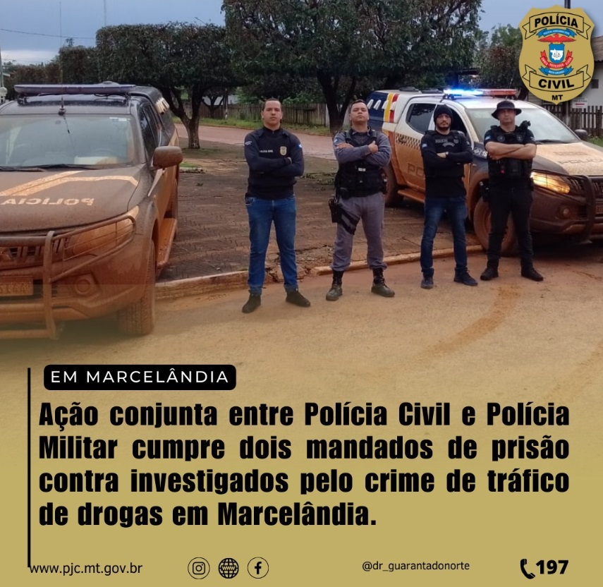Ação conjunta cumpre mandados judiciais contra investigados por tráfico em distrito de Marcelândia.