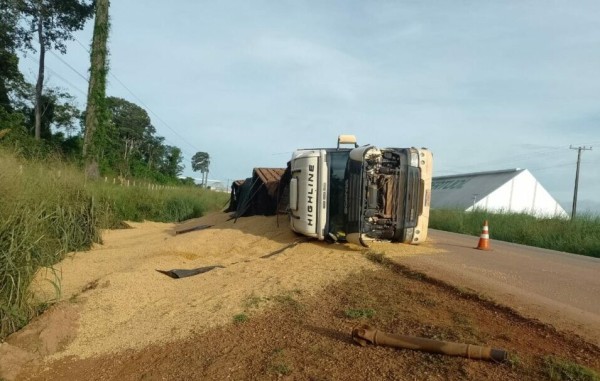 Alta Floresta: veículo de carga que transportava grãos tomba na MT-208