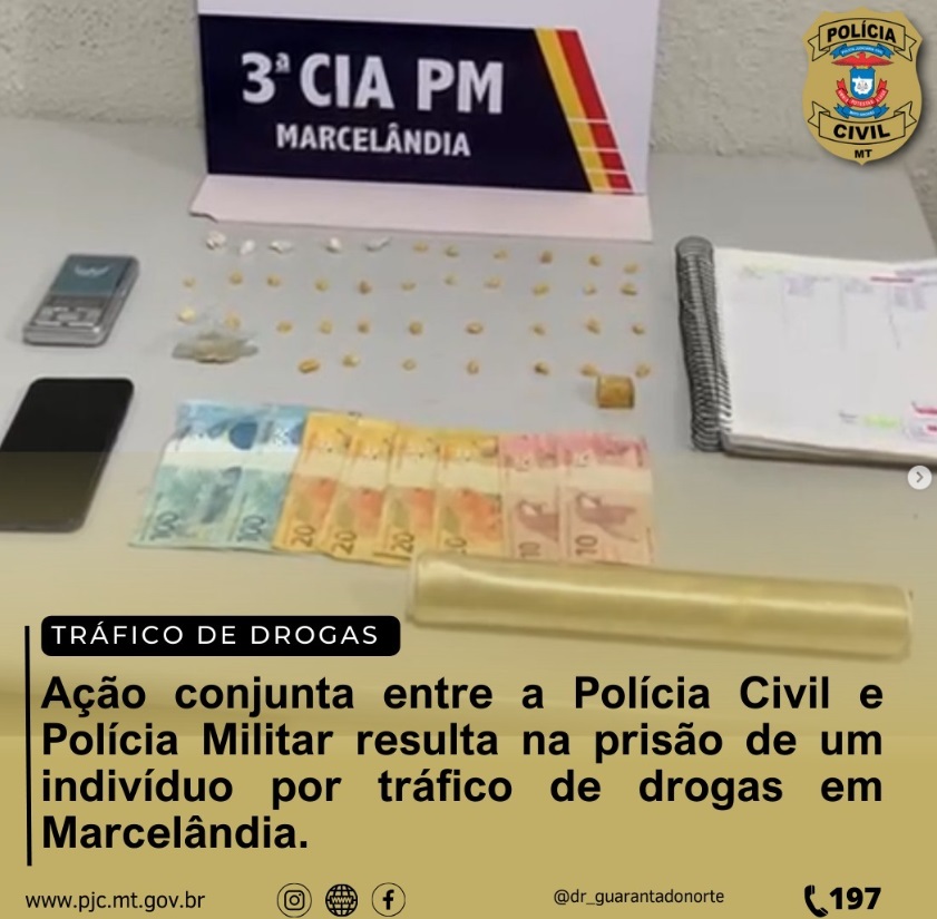 Ação conjunta entre a Polícia Civil e Polícia Militar resulta na prisão de um indivíduo por tráfico de drogas em Marcelândia.