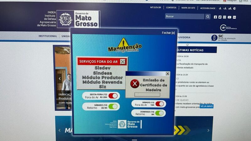 Sistemas do Indea terão parada técnica para manutenção