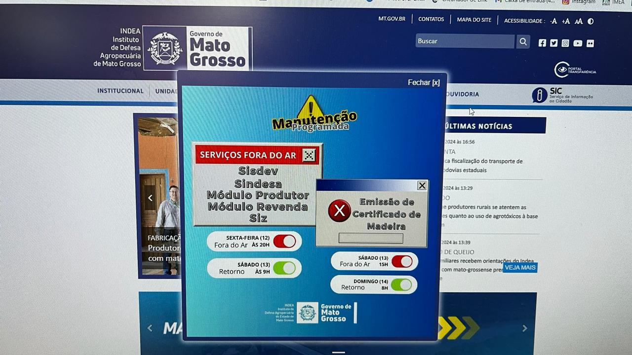 Sistemas do Indea terão parada técnica para manutenção