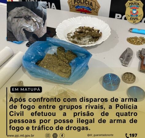Após confronto com disparos de arma de fogo entre grupos rivais, a Polícia Civil efetuou a prisão de quatro pessoas por posse ilegal de arma de fogo e tráfico de drogas.