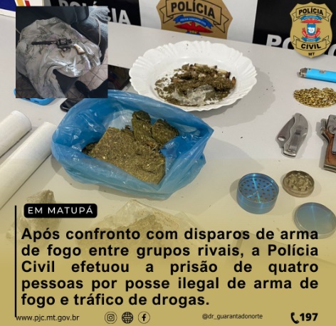 Após confronto com disparos de arma de fogo entre grupos rivais, a Polícia Civil efetuou a prisão de quatro pessoas por posse ilegal de arma de fogo e tráfico de drogas.
