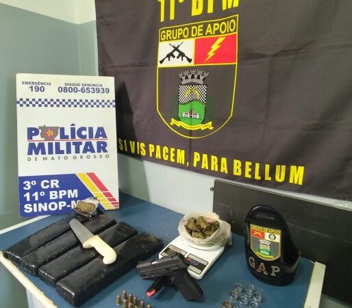 Membros de facção são presos pela Polícia Militar com quatro tabletes de maconha, arma e munições em Sinop