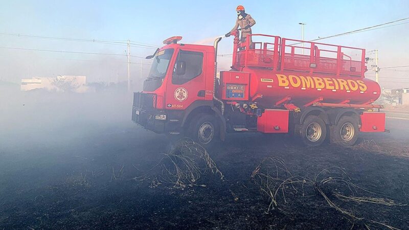 Bombeiros combatem incêndio em vegetação de terreno baldio
