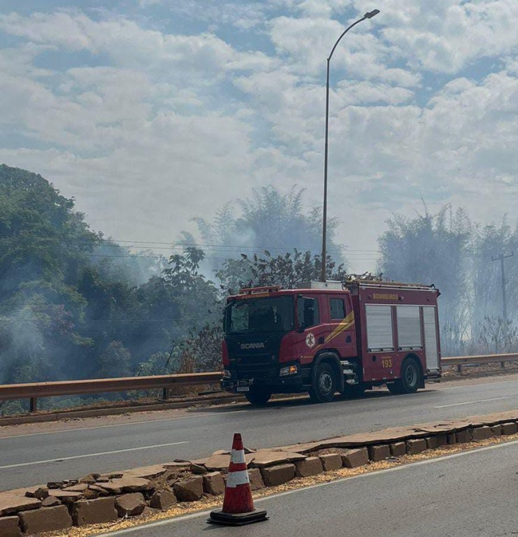 Bombeiros combatem incêndio em vegetação às margens da BR-163