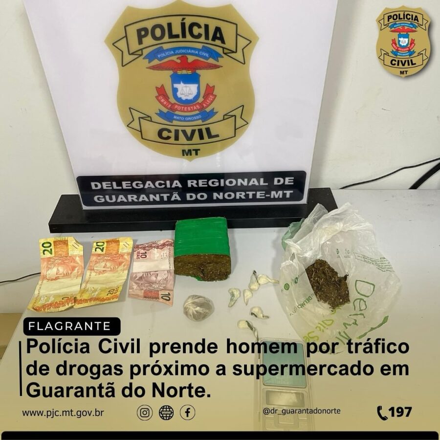 Polícia Civil prende homem por tráfico de drogas próximo a supermercado em Guarantã do Norte.