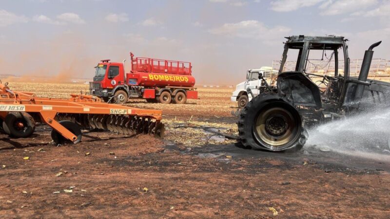 Bombeiros fazem vistoria em área de vegetação de fazenda após incêndio