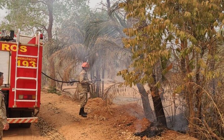 Corpo de Bombeiros combate incêndio em vegetação em Santo Antônio de Leverger
