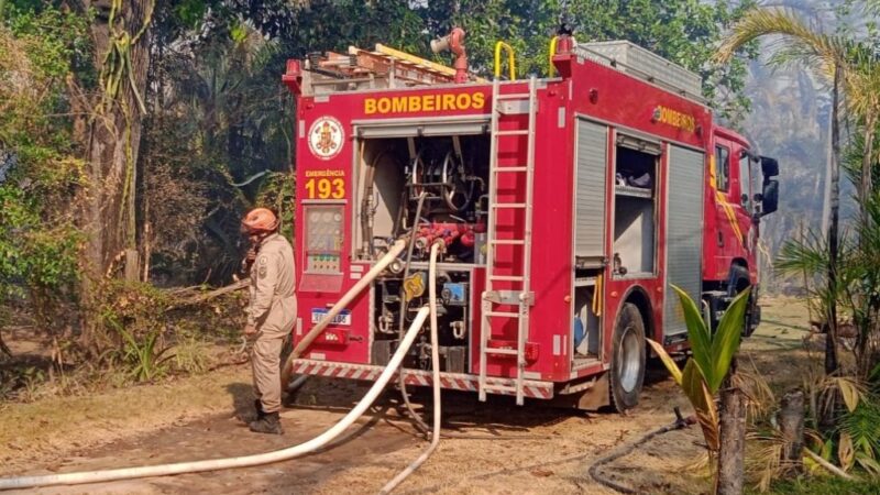 Bombeiros combatem incêndio em vegetação que atingiu três barracões industriais e duas carretas