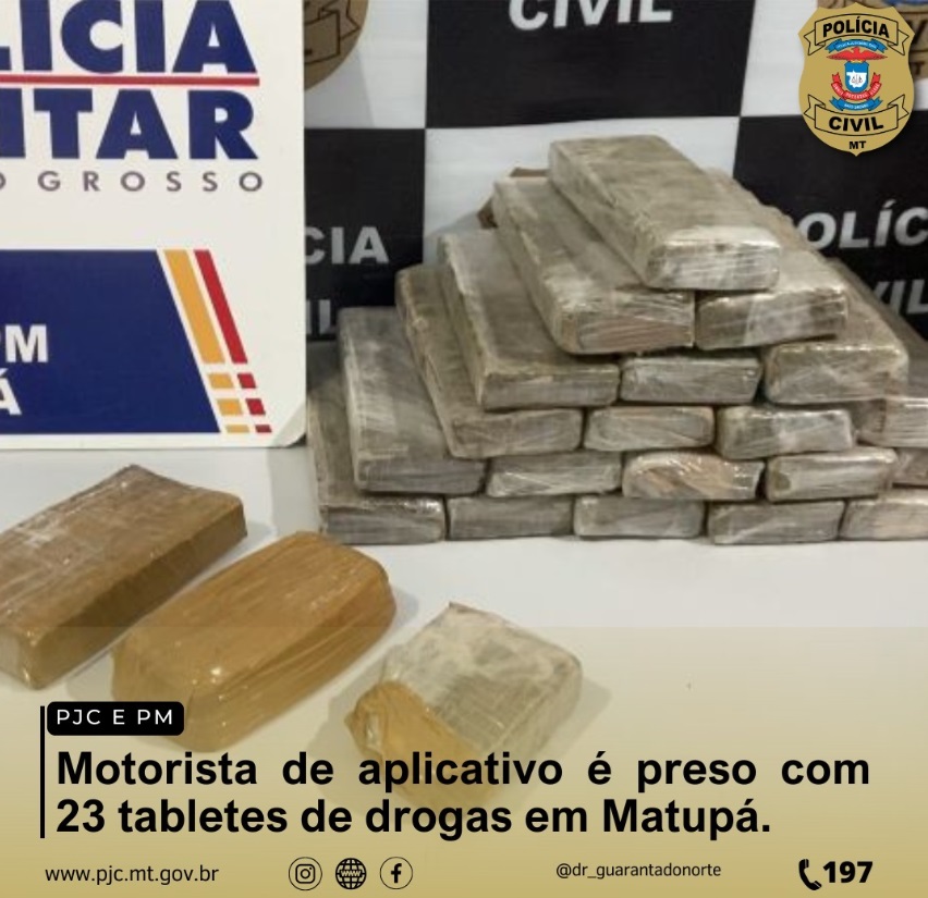 Motorista de aplicativo é preso com 23 tabletes de drogas em Matupá.
