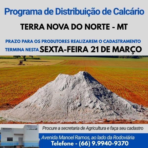 Cadastro para Programa de Distribuição de Calcário se encerra nesta sexta-feira, 21 de Março