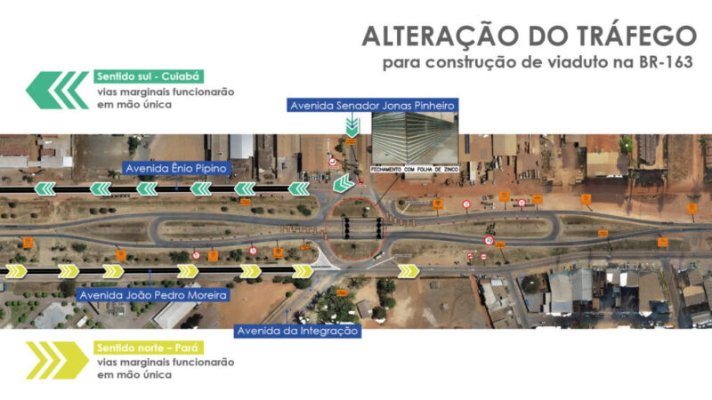 Construção de viaduto na BR-163 altera tráfego da rodovia e vias marginais de Sinop