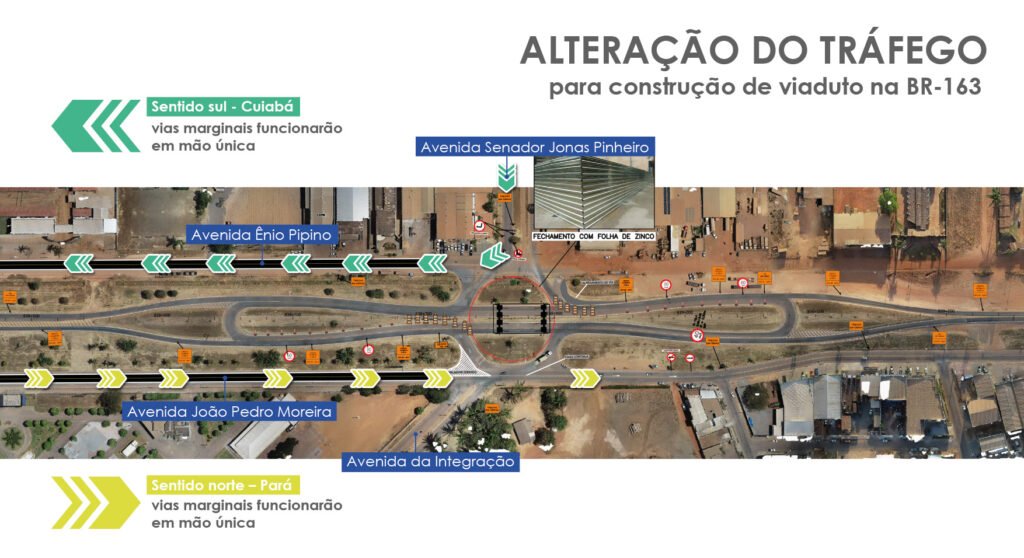 Construção de viaduto na BR-163 altera tráfego da rodovia e vias marginais de Sinop