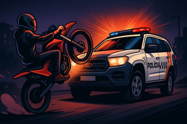 Durante fuga, adolescente empina moto e acerta viatura da PM em Colíder