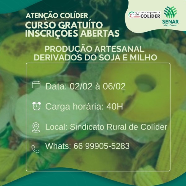 Sindicato Rural de Colíder está com inscrições abertas para curso de produção artesanal