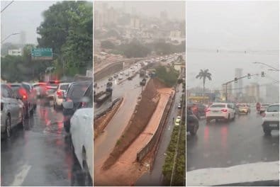 Temporal atinge Cuiabá nesta quinta-feira, alaga ruas e causa transtornos no trânsito; vídeos