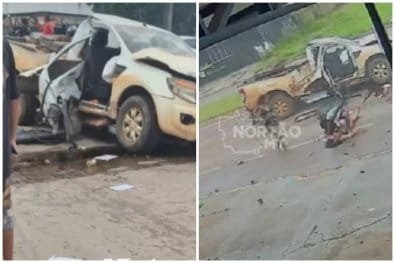 Vídeo mostra caminhonete em alta velocidade atingindo dois postes; duas pessoas feridas