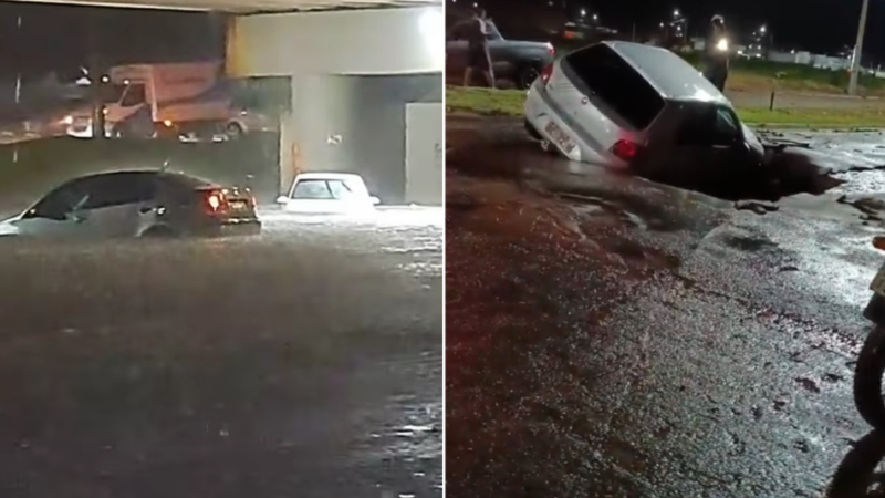 Chuvas causam alagamentos, carros ilhados e cratera engole veículo em cidades de MT