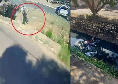 Motociclista foge da PM, perde controle e cai em córrego em Cuiabá; veja vídeo