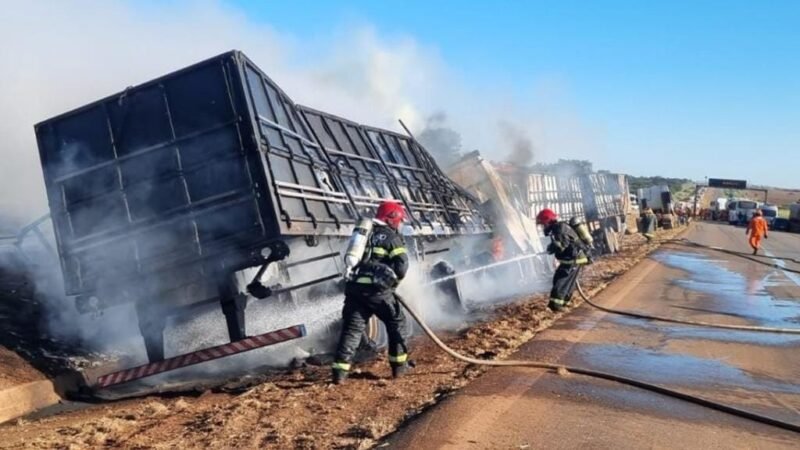 Carretas pegam fogo após colisão em rodovia federal em MT deixam uma pessoa ferida