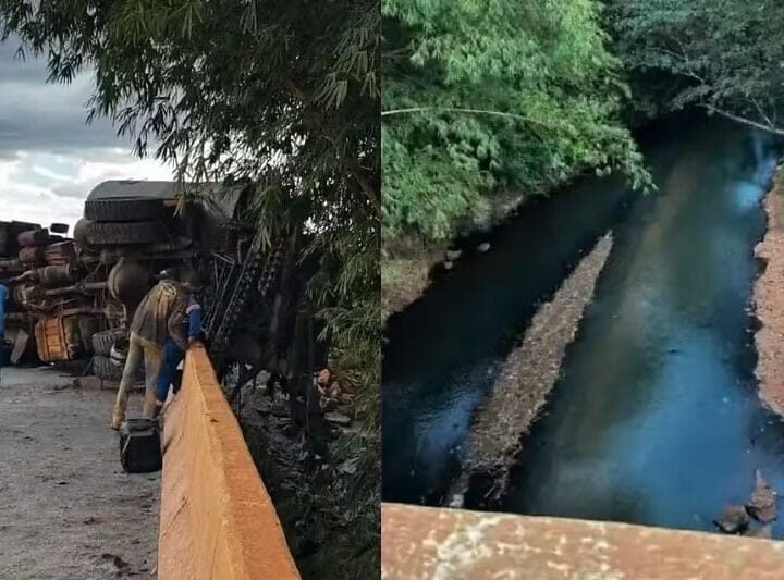 Caminhão carregado com piche tomba em córrego e deixa cidade sem abastecimento de água