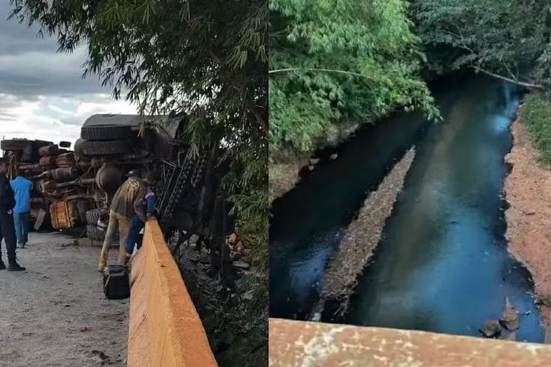 Caminhão carregado com piche tomba em córrego e deixa cidade em MT sem abastecimento de água
