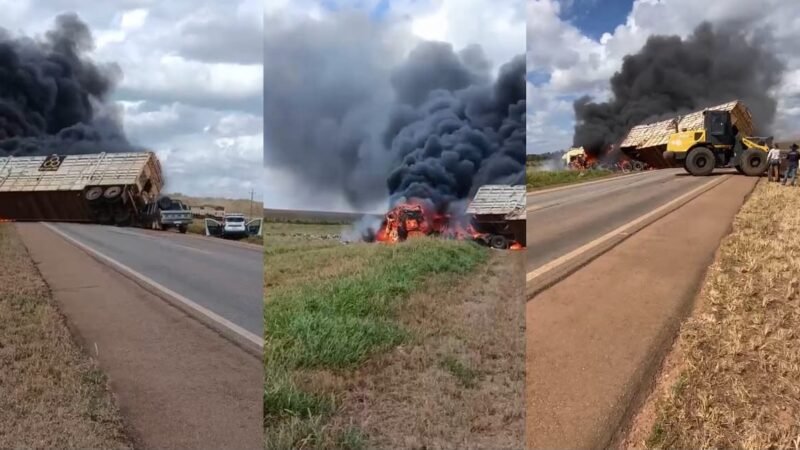 Acidente entre carretas, caminhonete e viatura da Polícia Militar deixa dois mortos em MT; vídeos