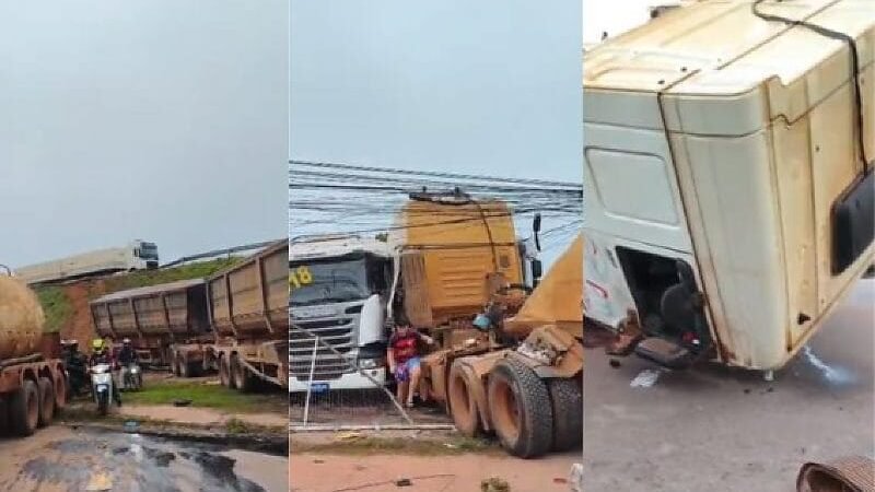 Carretas despencam de viaduto e interditam trecho da rodovia BR-364 em Cuiabá; confira  vídeos