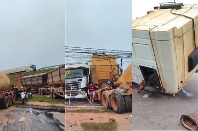 Carretas despencam de viaduto e interditam trecho da rodovia BR-364 em Cuiabá; confira  vídeos