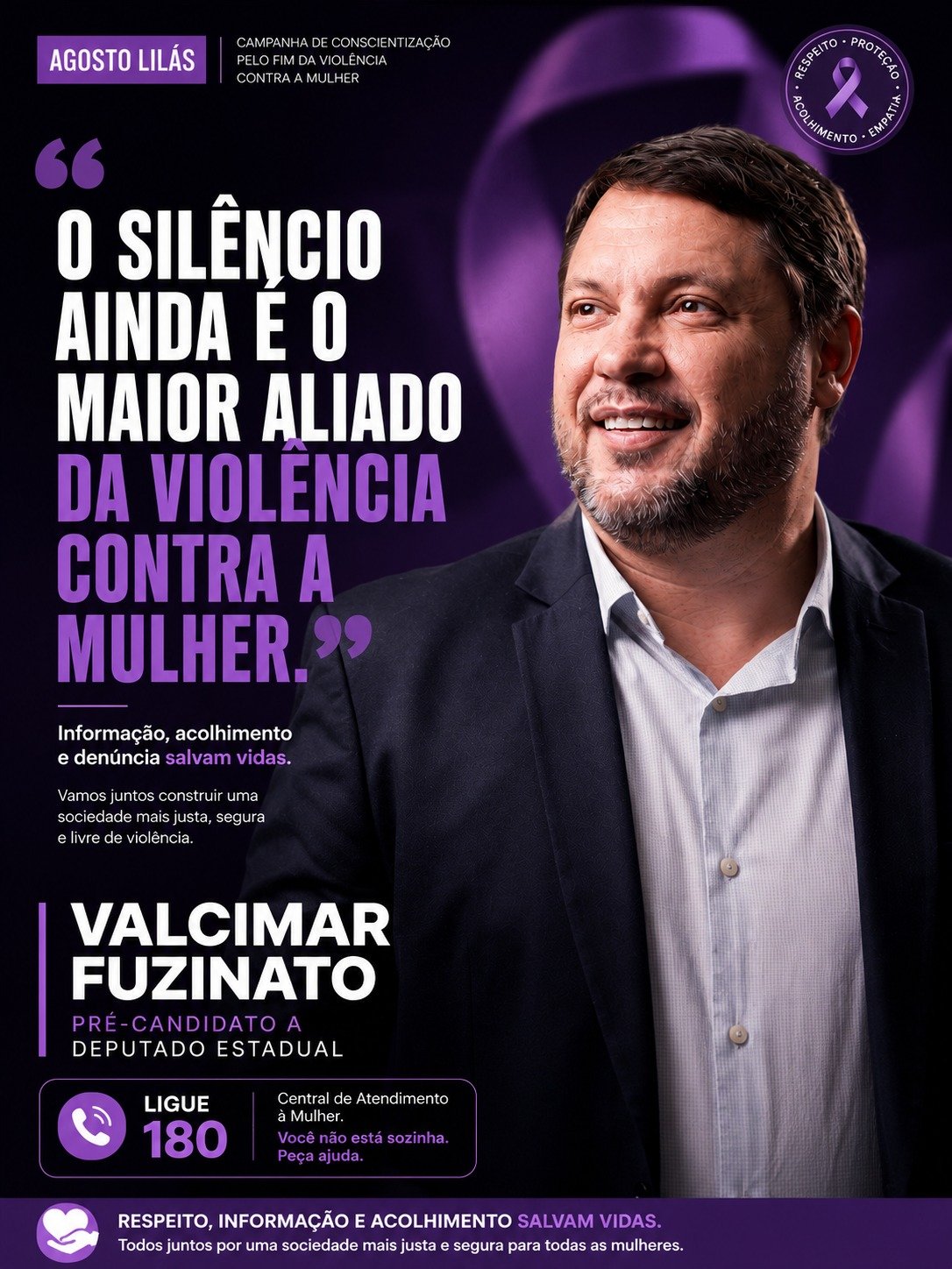 “O silêncio ainda é o maior aliado da violência contra a mulher”, afirma Valcimar Fuzinato durante o Agosto Lilás