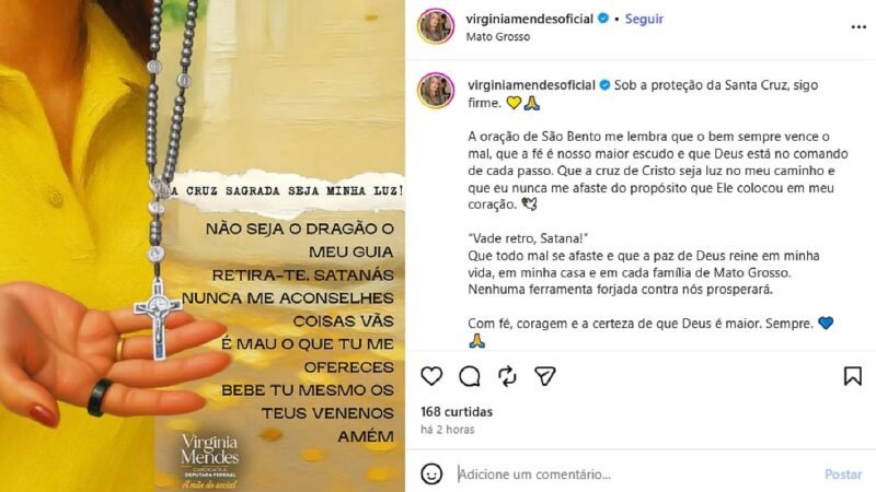 Após operação, Virginia Mendes posta oração de São Bento nas redes e fala em “combate ao mal”