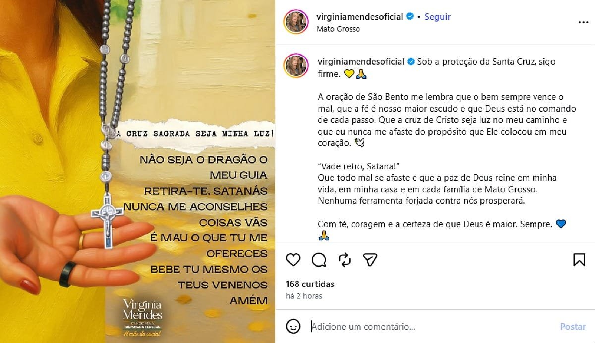 Após operação, Virginia Mendes posta oração de São Bento nas redes e fala em “combate ao mal”