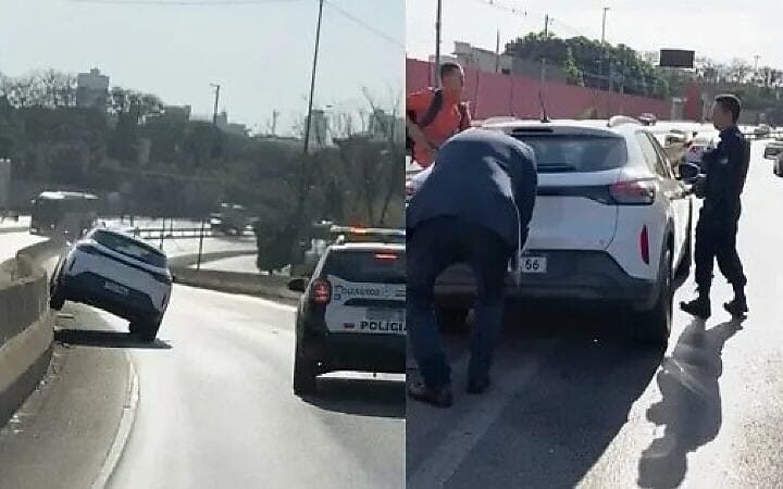 Homem passa mal, bate carro e sobe em mureta de viaduto em Cuiabá; veja vídeo
