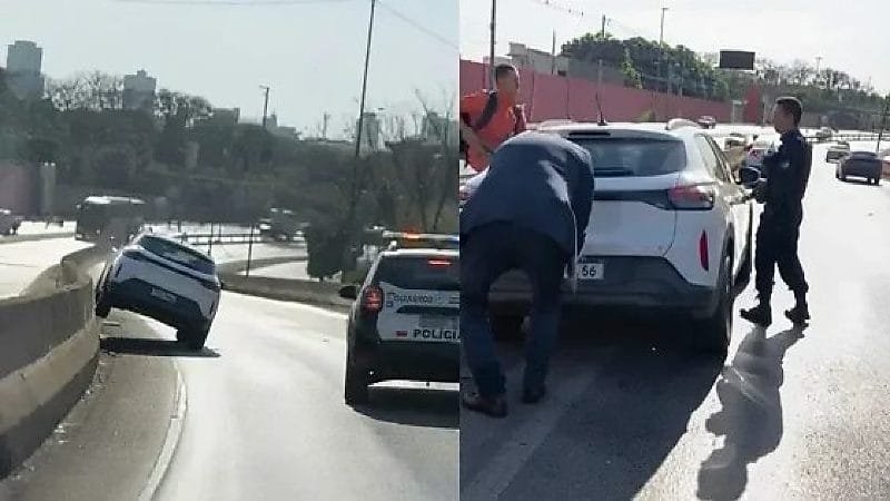 Homem passa mal, bate carro e sobe em mureta de viaduto em Cuiabá; veja vídeo