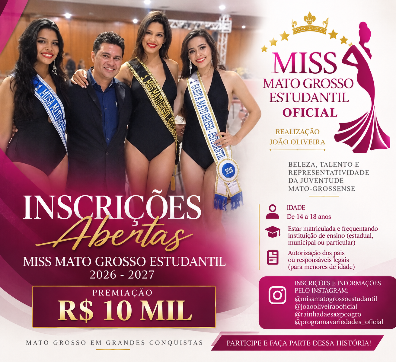 Miss Mato Grosso Estudantil 2026-2027 abre inscrições com premiação de R$ 10 mil