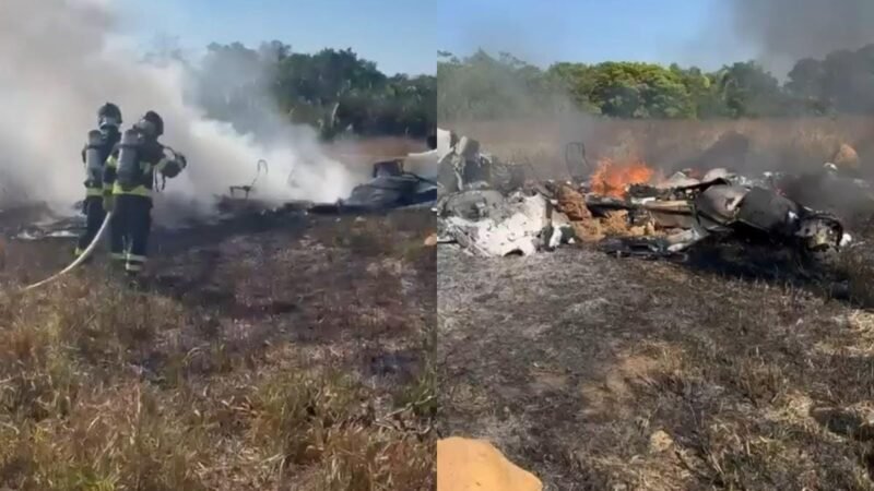 Avião de pequeno porte cai, pega fogo e deixa ao menos três mortos em fazenda de MT; vídeos