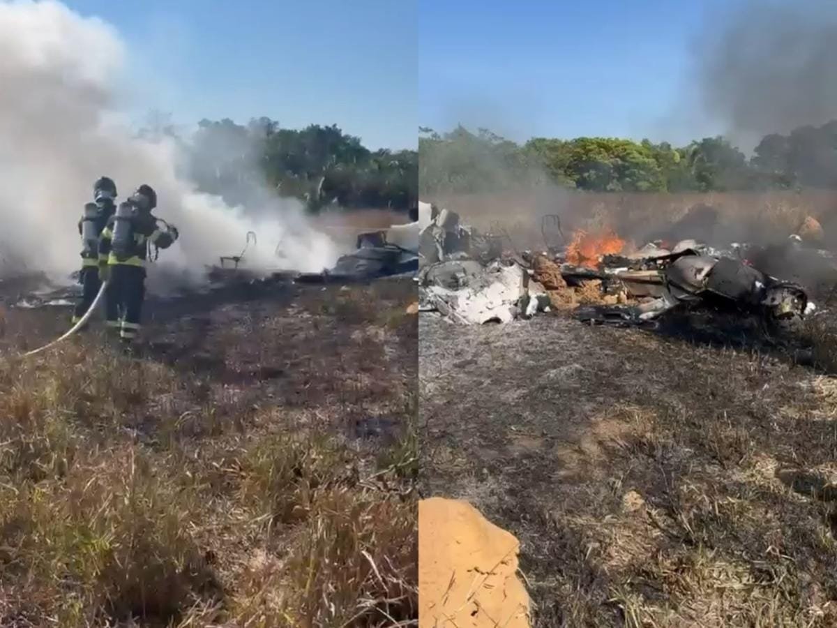Avião de pequeno porte cai, pega fogo e deixa ao menos três mortos em fazenda de MT; vídeos