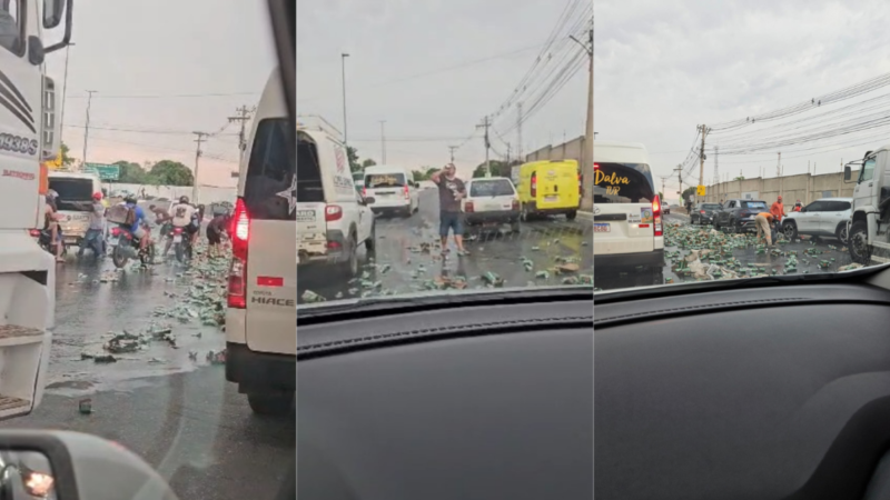 Vídeos mostram populares saqueando cervejas após carga cair de caminhão em Cuiabá