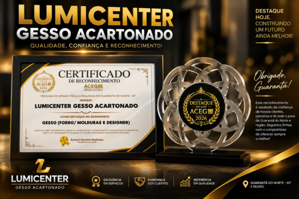 Lumicenter Gesso Acartonado recebe Certificado de Reconhecimento no Destaque do Ano 2026 da ACEG.