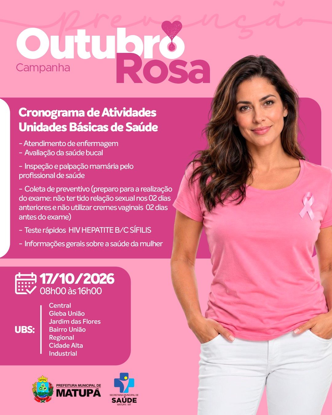 Matupá promove ações do Outubro Rosa neste sábado com atendimentos nas UB