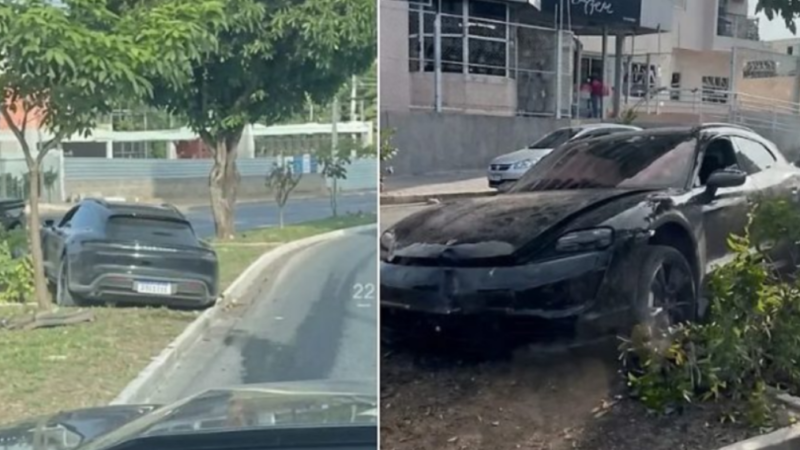Vídeo mostra Porsche abandonado após bater em canteiro de avenida em Cuiabá